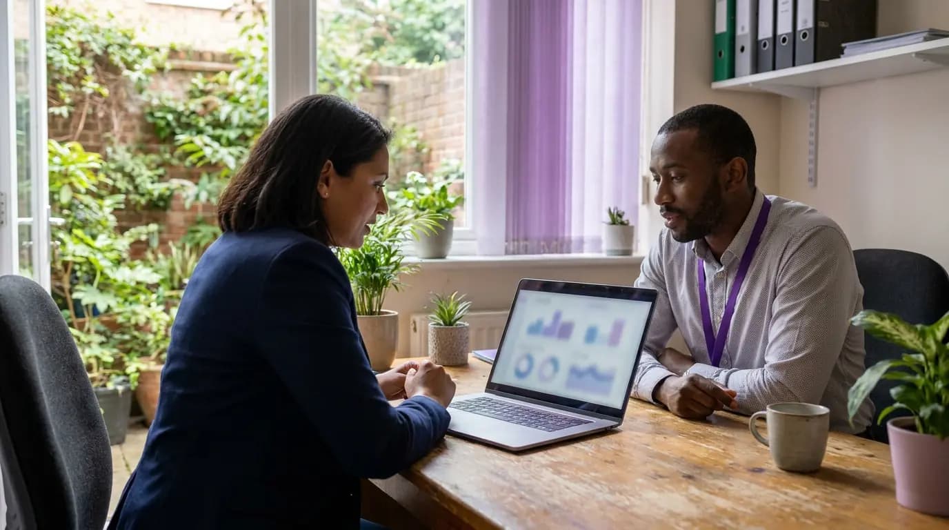 A church administrator and a volunteer coordinator reviewing a calm network dashboard in a small office