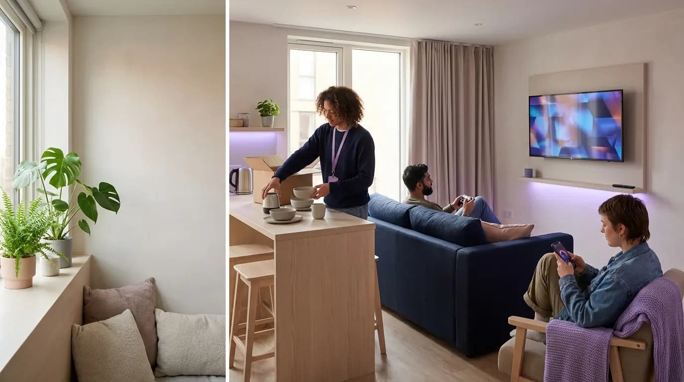 Estudiantes desempacando y conectando portátiles, teléfonos y una consola de videojuegos en una cocina compartida en una residencia de estudiantes