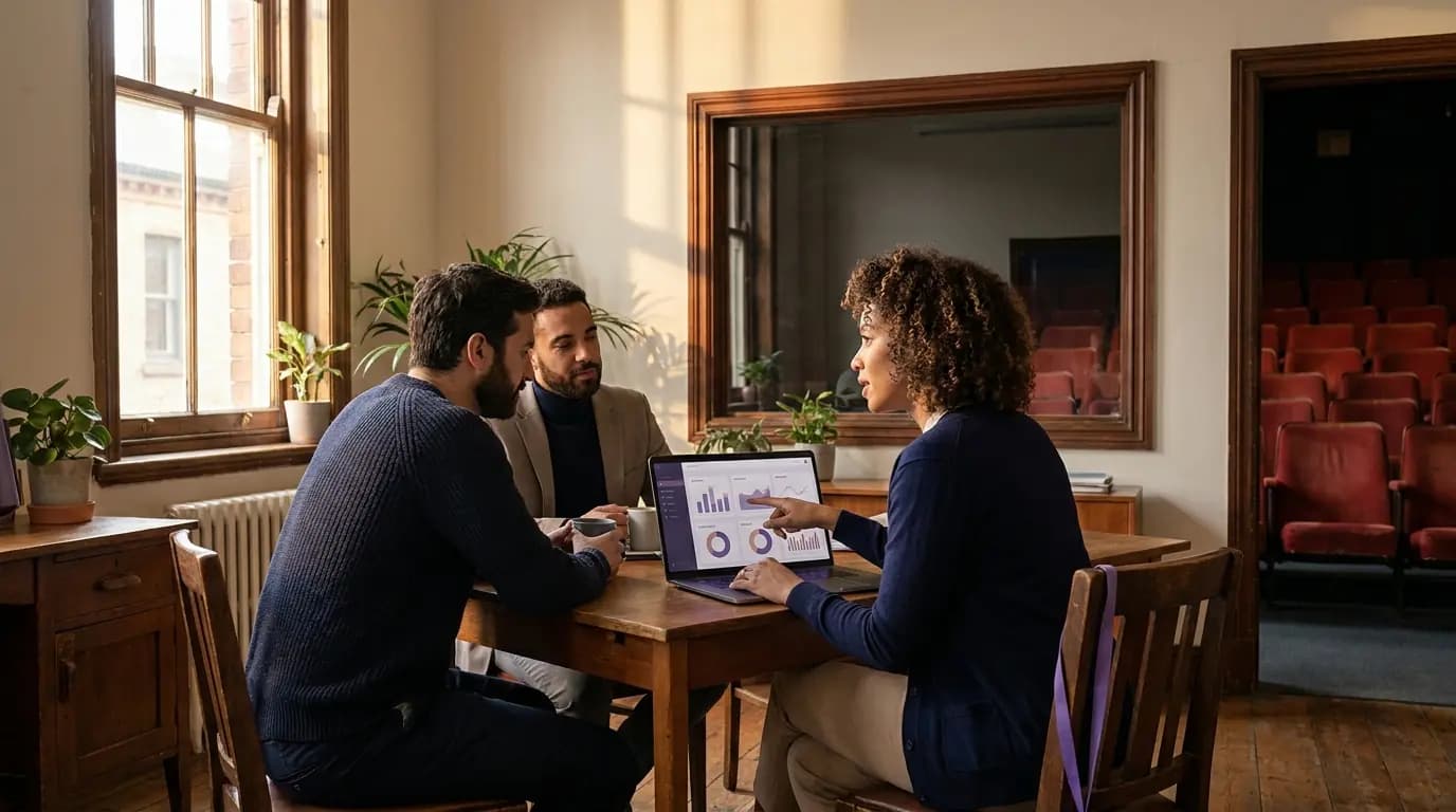 A theatre marketing team reviewing a calm audience dashboard in an office above the foyer