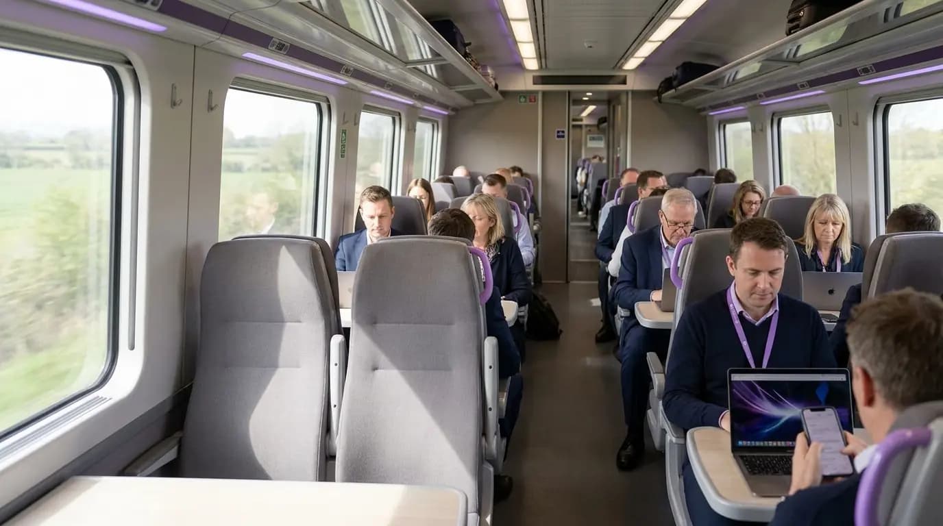 Pasajeros usando teléfonos y portátiles en las mesas de un vagón de tren luminoso y moderno