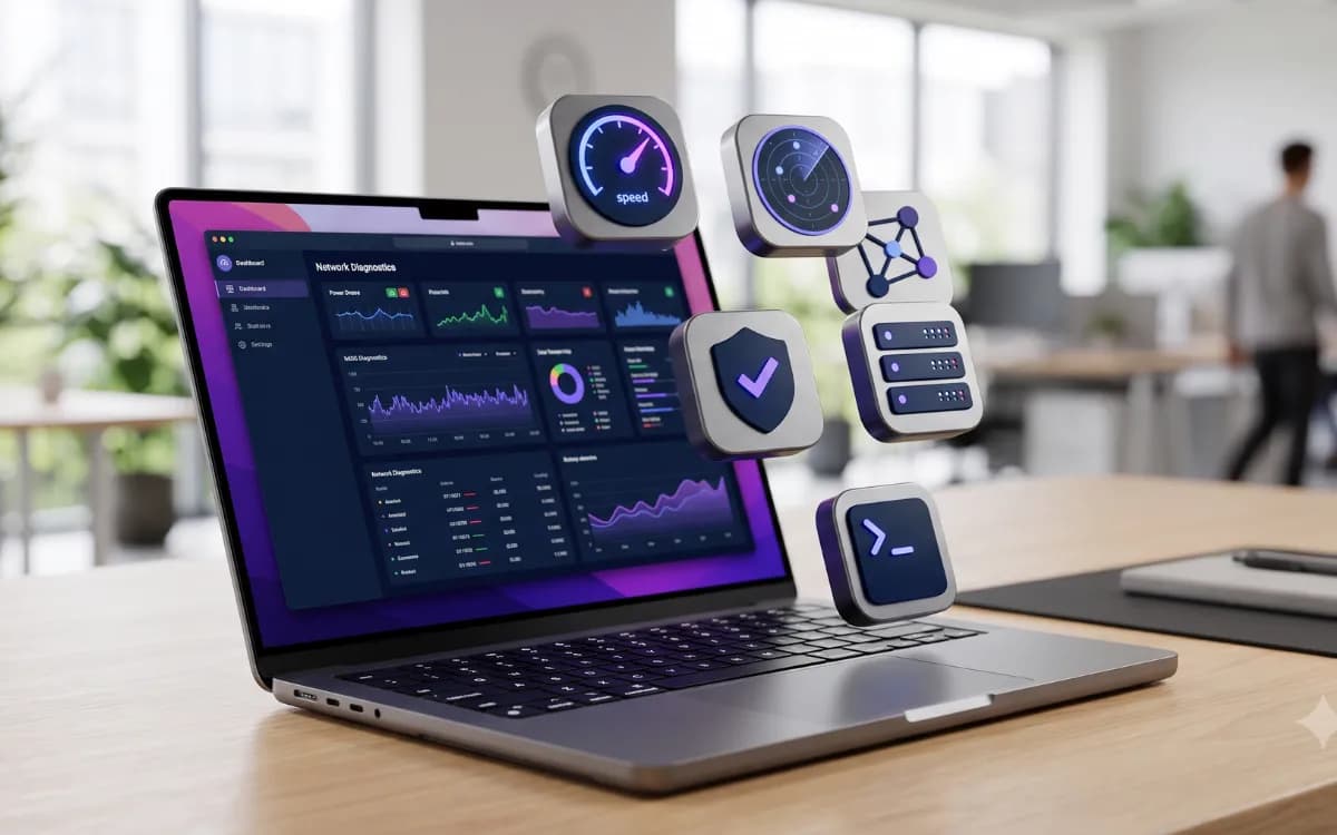 Netforge desktop app showing network diagnostics dashboard with floating tool icons