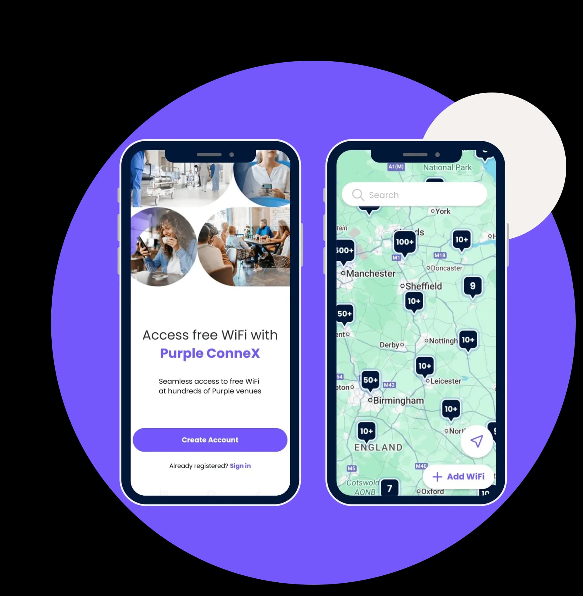 Purple app showing the WiFi venues a guest joins automatically with Passpoint