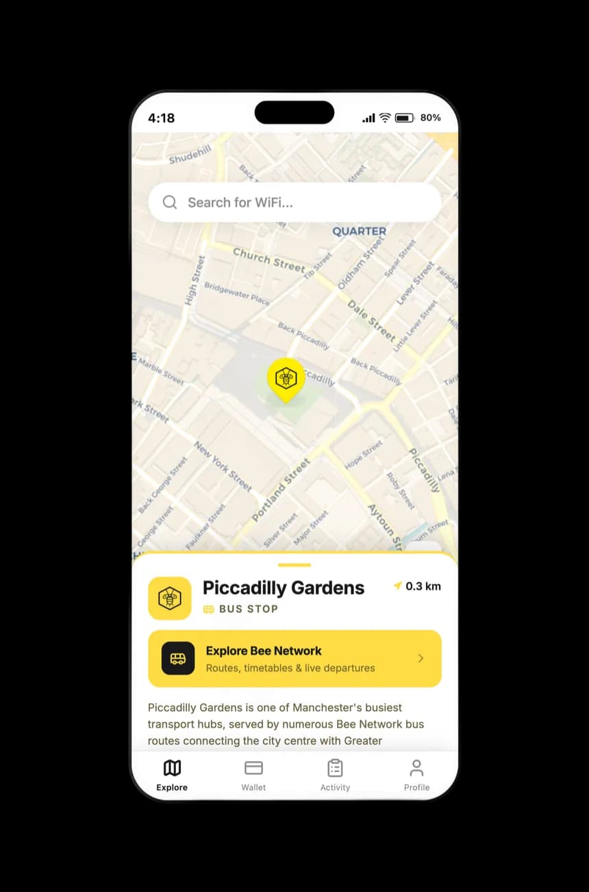 显示带有 Piccadilly Gardens 卡片的品牌场馆地图