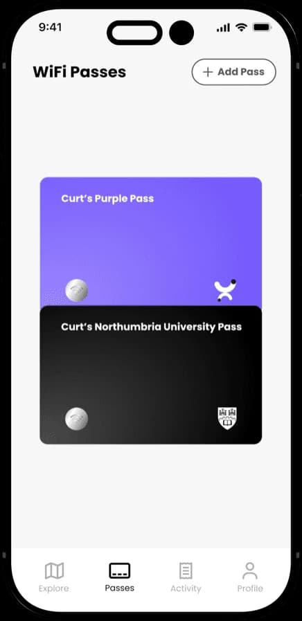 A App Purple University a mostrar um passe digital