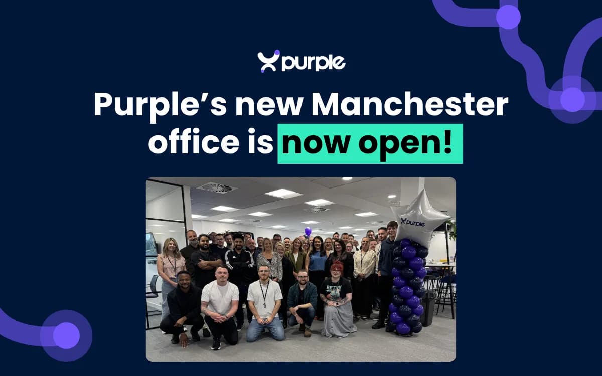 Purple team at the opening of the new Manchester office at Annie Kenney Mill