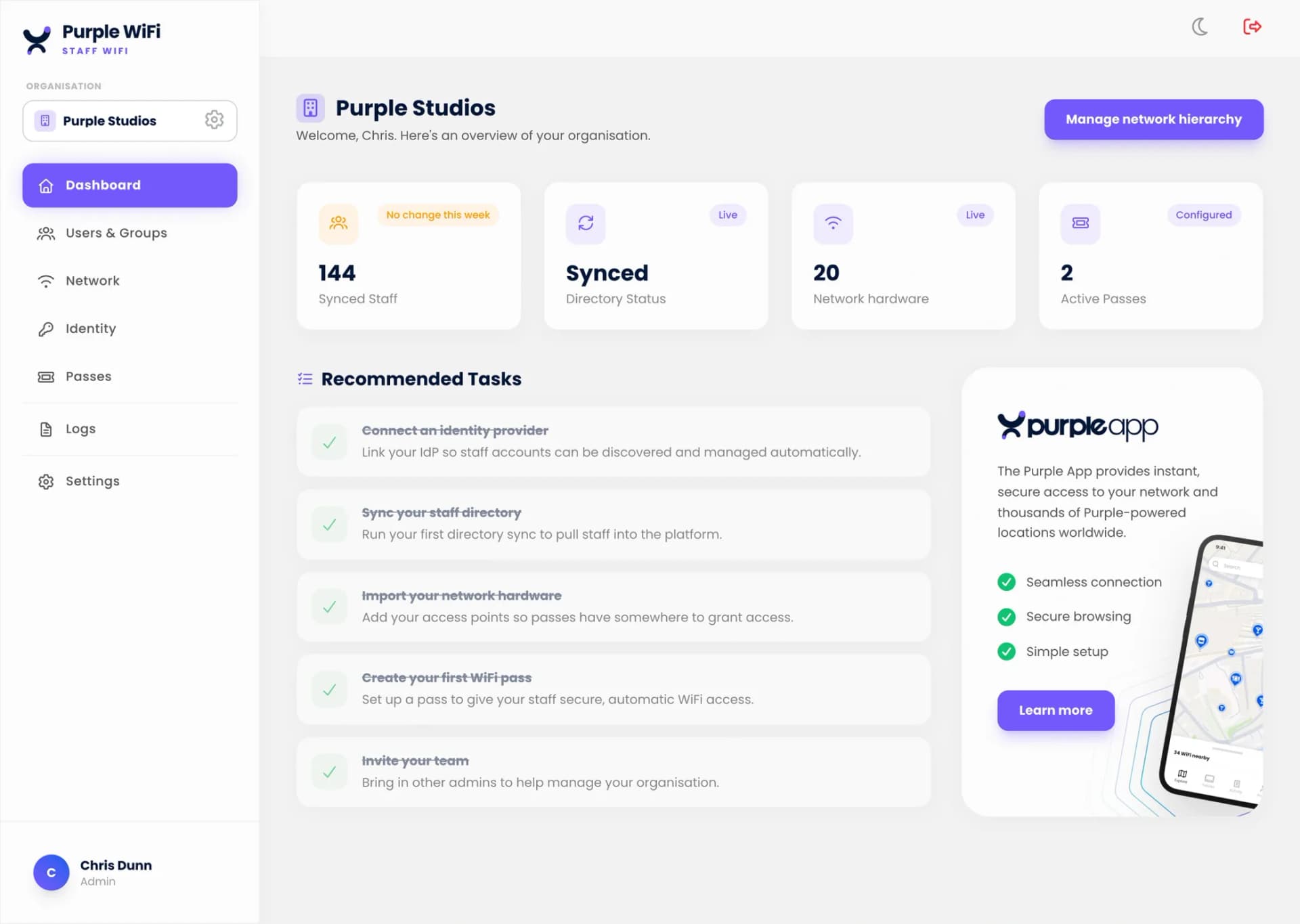Purple guest WiFi dashboard showing visitor analytics and captive portal branding