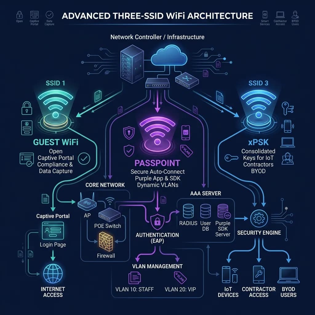 Three WiFi SSIDs - an open guest portal network, a WPA2/3-Enterprise network for staff and secure guests, and an xPSK network for tills, screens, printers and IoT devices