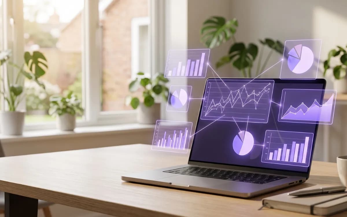 Laptop displaying analytics dashboards with floating charts representing venue data insights