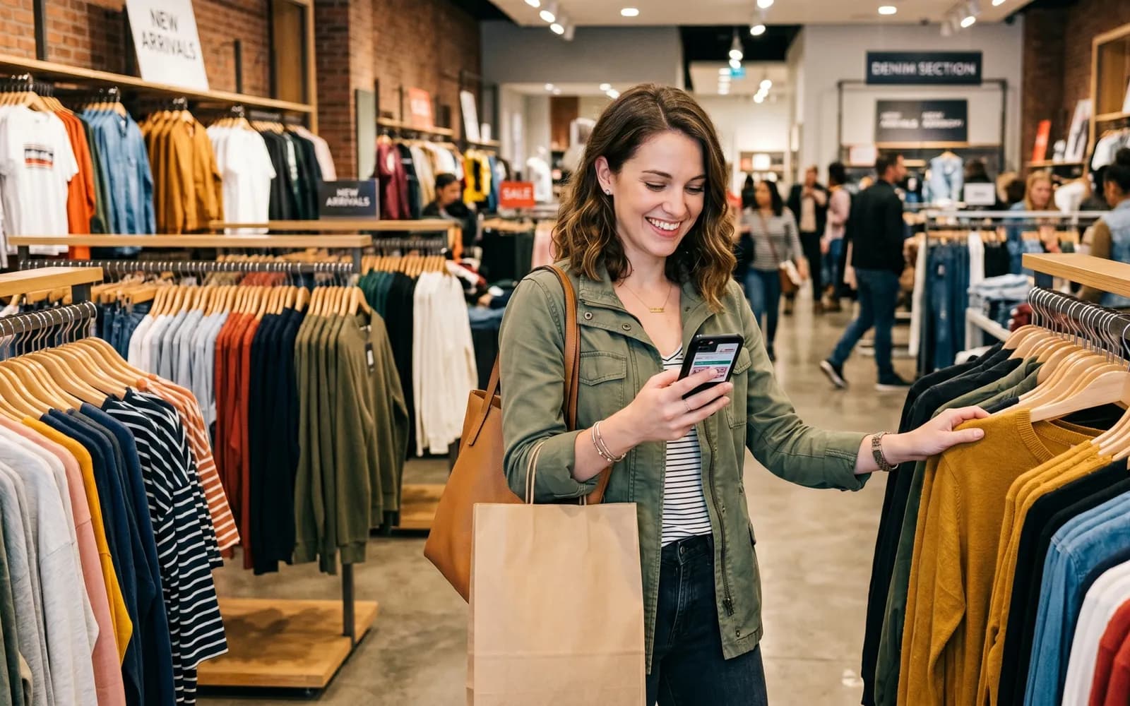 A shopper in a busy retail store browsing on her phone while holding a shopping bag, illustrating customer connectivity in venues investing in WiFi 7