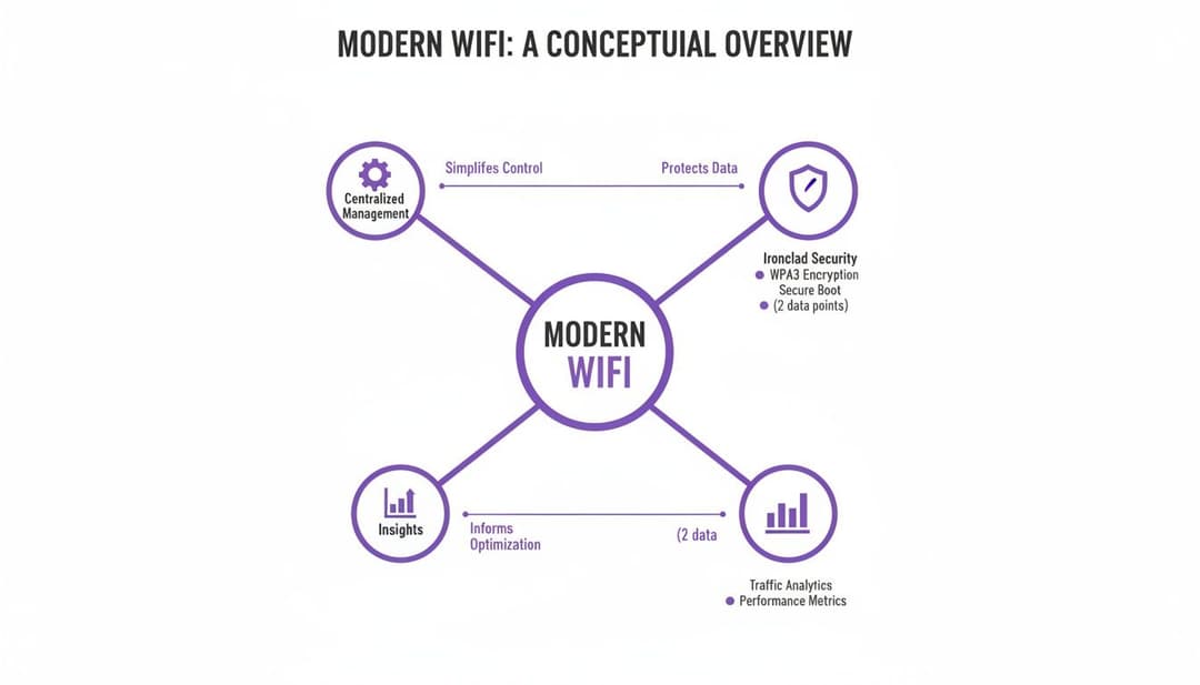 Un diagrama conceptual general del WiFi moderno, que destaca la gestión centralizada, la seguridad férrea, el análisis de tráfico y los conocimientos.