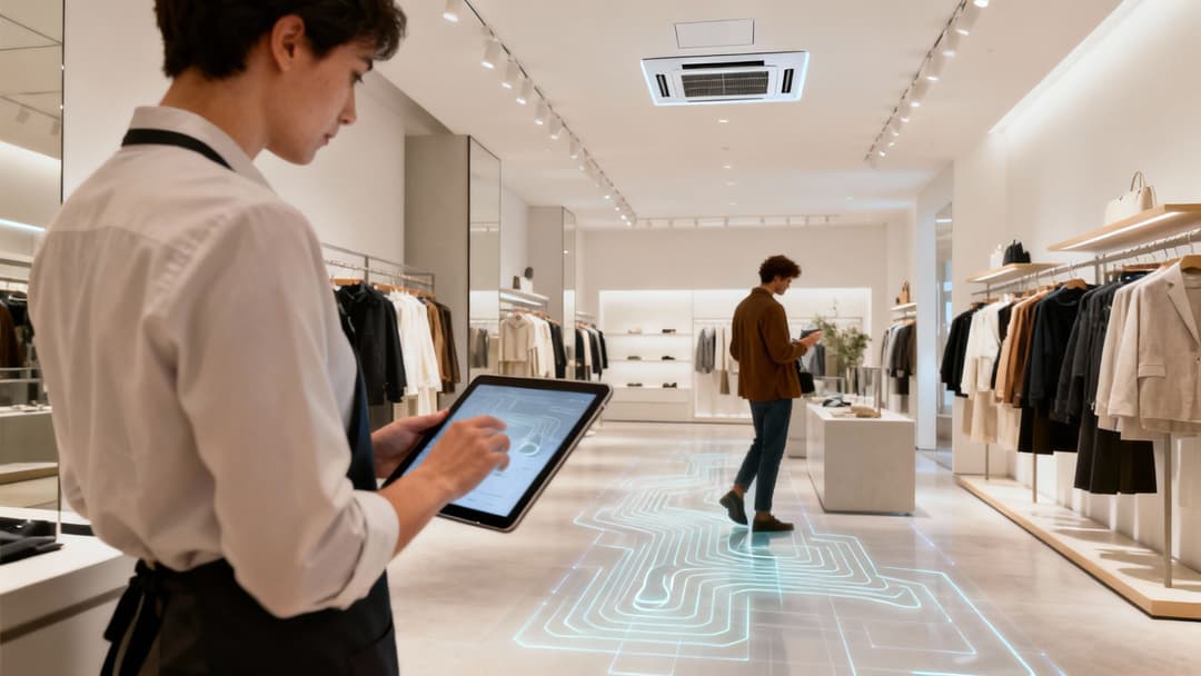 Un empleado en una tienda moderna rastrea el recorrido de un cliente usando una tableta con líneas de piso brillantes.