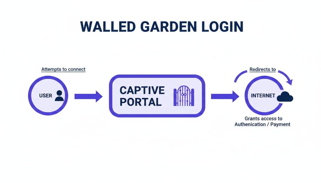Diagramma che illustra un flusso di login walled garden: l'utente si connette al Captive Portal, quindi ottiene l'accesso a internet dopo l'autenticazione.