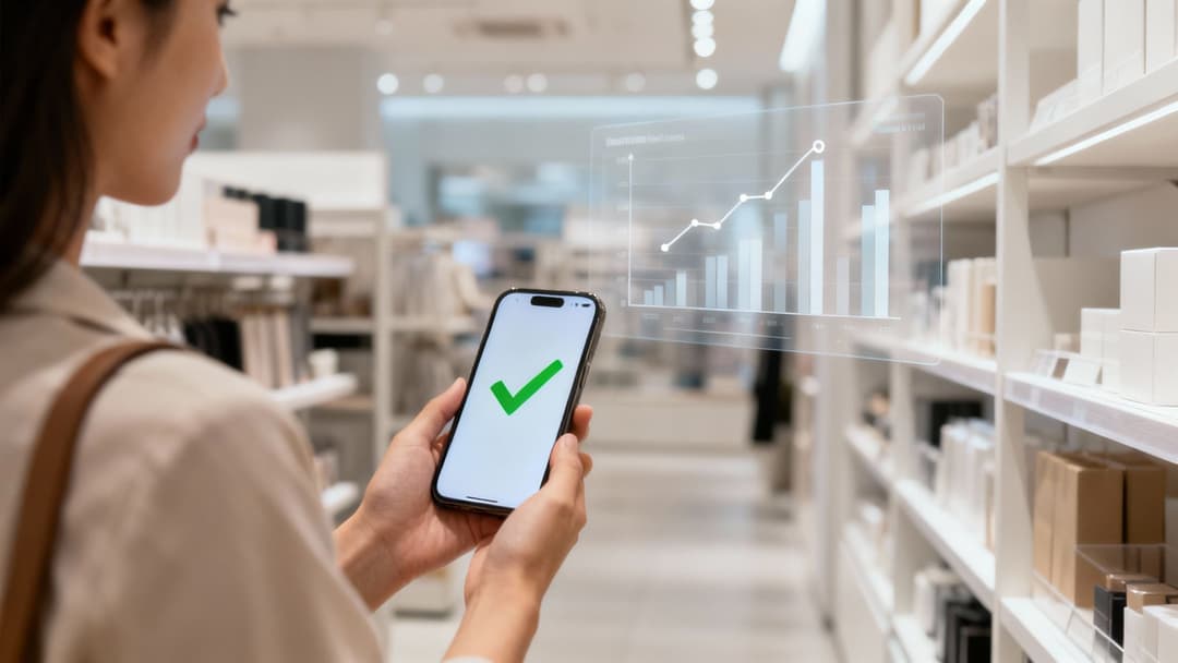Donna che tiene in mano uno smartphone con un segno di spunta verde, visualizzando un grafico di vendita olografico in un negozio al dettaglio.