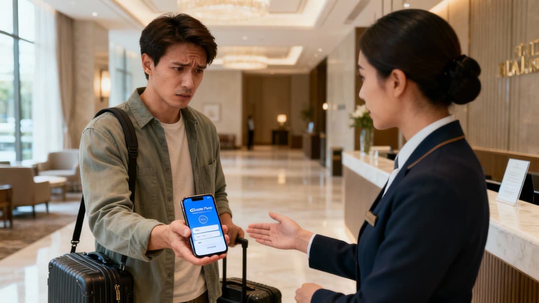 Un uomo confuso al banco del check-in di un hotel mostra un problema di login sul suo telefono a un addetto alla reception.