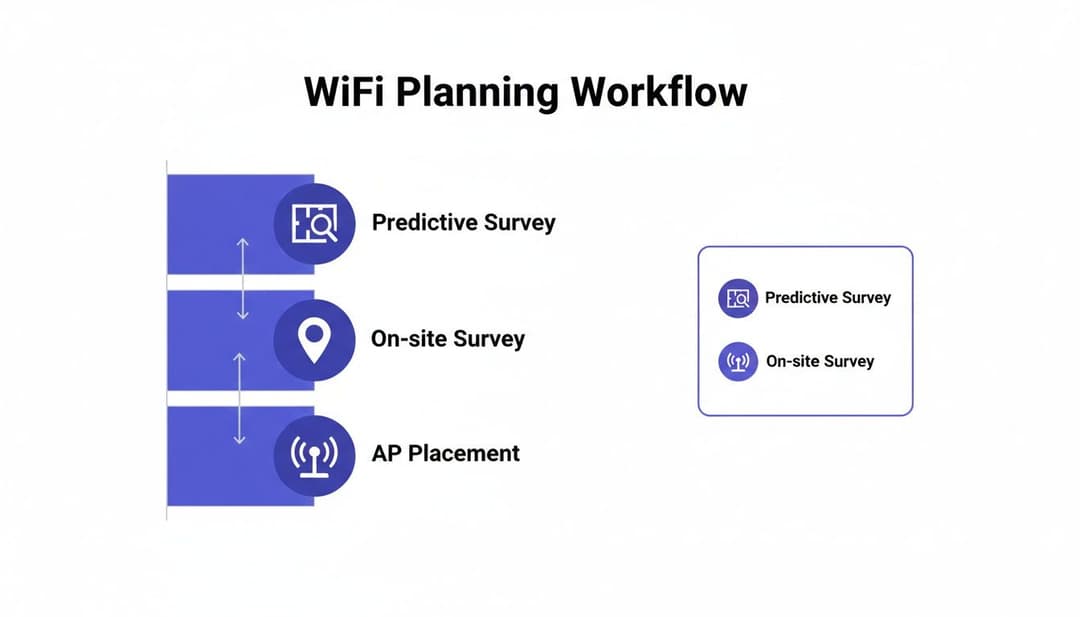 Workflow-Diagramm mit Details zu den WiFi-Planungsschritten: Prädiktive Analyse, Standortanalyse vor Ort und AP-Platzierung.