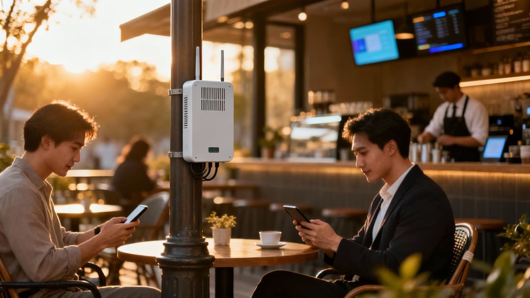 Zwei Männer nutzen Smartphones in einem Straßencafé mit einem an einem Mast montierten Access Point, der öffentliches Wi-Fi bereitstellt.