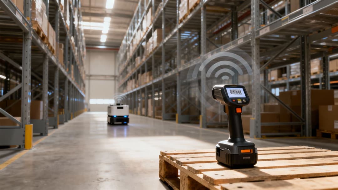 Ein modernes Lager mit einem automatisierten Roboter, einem Handscanner auf einer Palette und hohen Regalen voller Kartons, das die drahtlose Bestandsverwaltung hervorhebt.