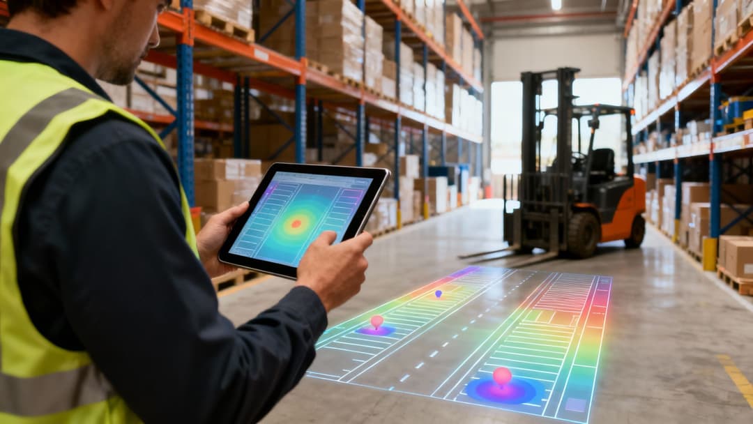 Ein Lagerarbeiter verwendet ein Tablet mit Augmented Reality, um den Bestand zu verwalten und ein intelligentes Lager zu überwachen.