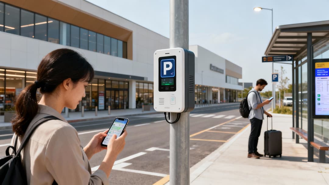 Frau telefoniert in der Nähe von Smart Parking und Bushaltestelle, Mann mit Gepäck in der Nähe.