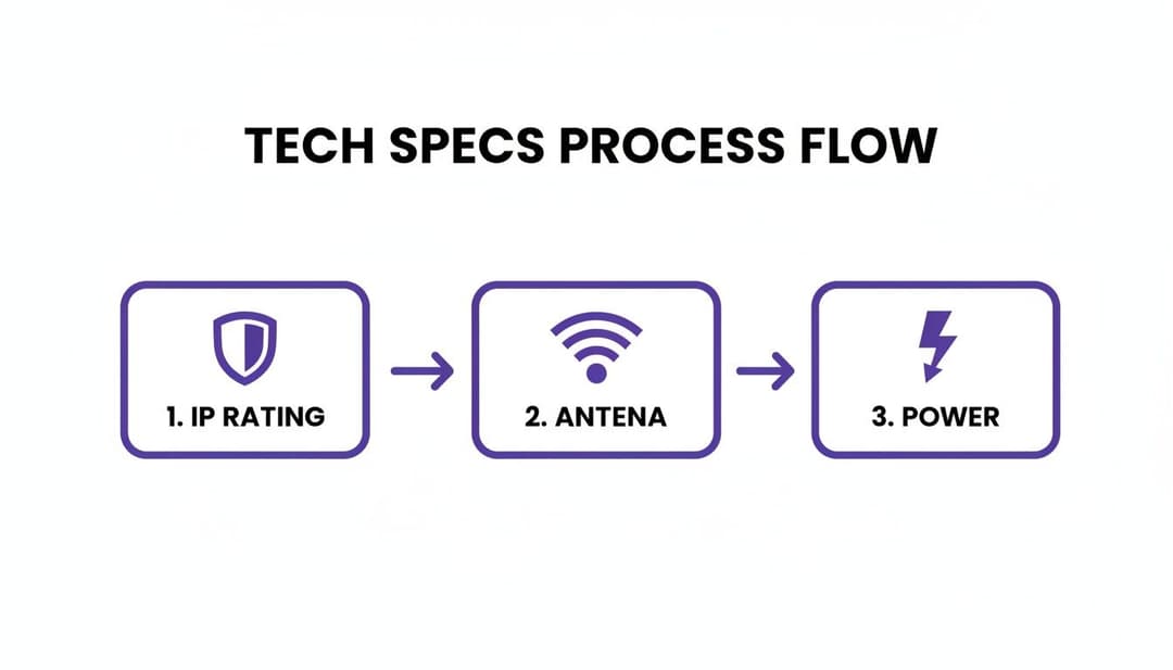 Prozessablaufdiagramm, das die technischen Spezifikationen für IP-Schutzart, Antenne und Stromversorgung in sequenzieller Reihenfolge veranschaulicht.