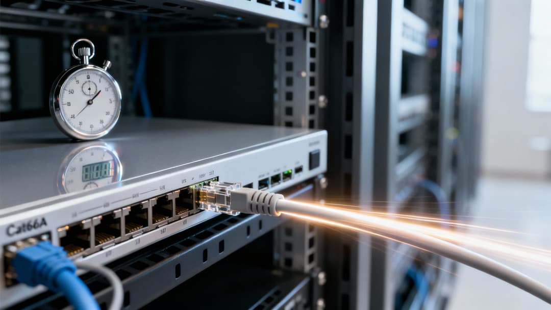Chronomètre sur un commutateur réseau avec un câble Ethernet lumineux, symbolisant le transfert rapide de données dans une salle de serveurs.