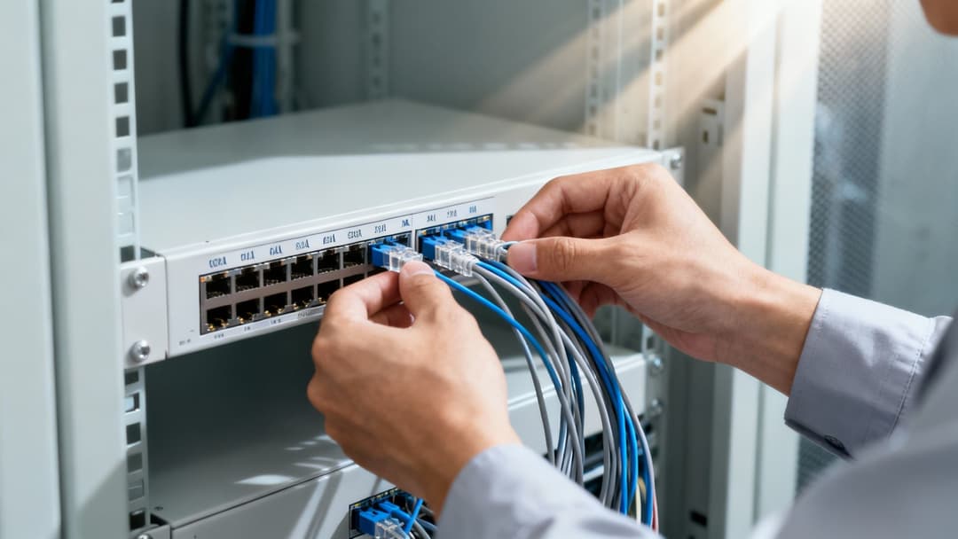 Gros plan des mains d'un technicien connectant des câbles à fibre optique dans un commutateur réseau dans un rack de serveurs.