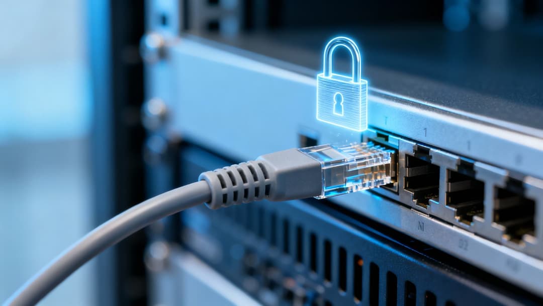Câble Ethernet connecté à un commutateur réseau, avec un cadenas numérique symbolisant la sécurité du réseau.