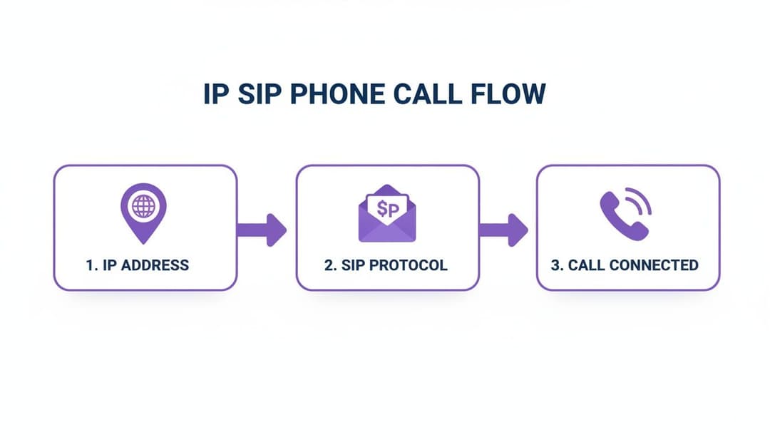 Un diagrama de flujo que ilustra el proceso de llamada de un teléfono IP SIP: dirección IP, protocolo SIP y llamada conectada.