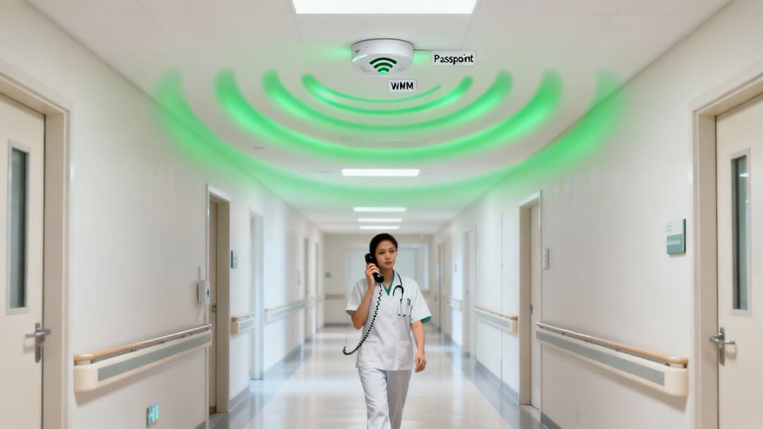 Una enfermera camina por un pasillo de hospital luminoso, hablando por teléfono, con un dispositivo inteligente en el techo.