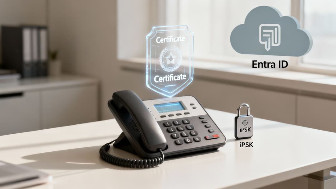 Un teléfono IP en un escritorio con un certificado brillante, la nube de Entra ID y un candado iPSK para mayor seguridad.