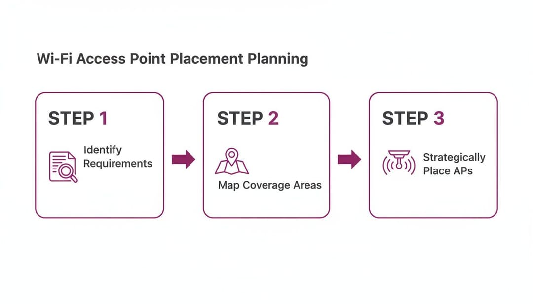 Un diagrama de tres pasos que ilustra la planificación de la ubicación del punto de acceso Wi-Fi: identificar requisitos, mapear áreas de cobertura y colocar los AP estratégicamente.
