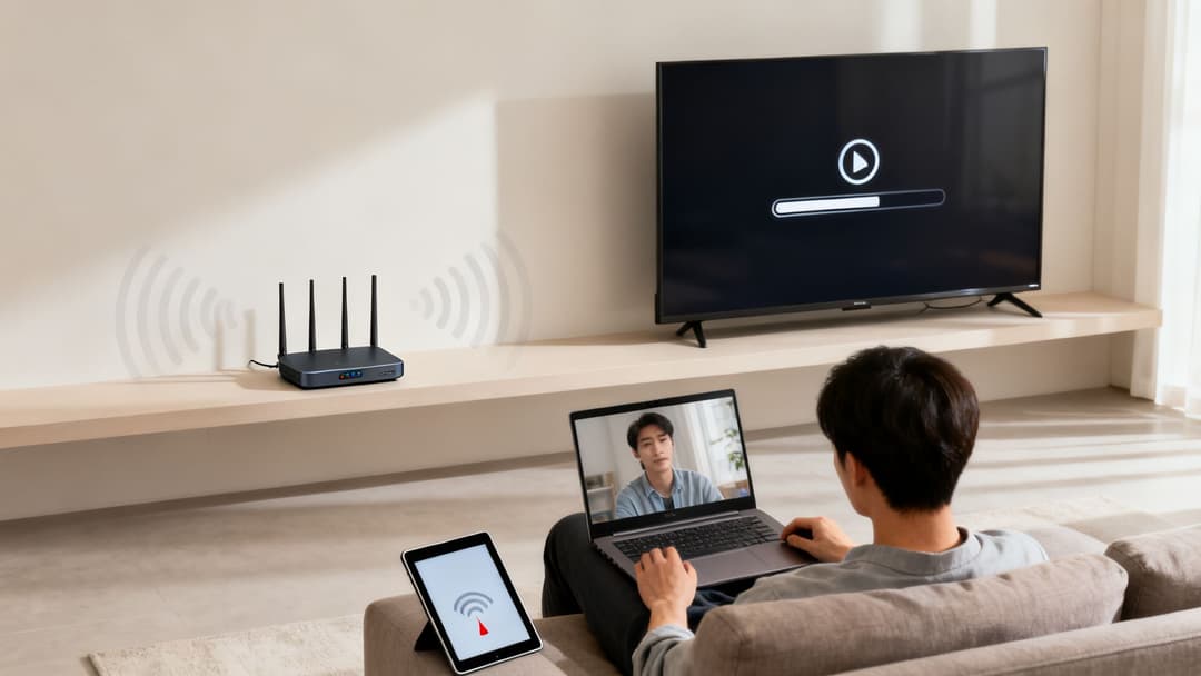 Un hombre en un sofá usando una laptop para una videollamada, con una tablet y un router emitiendo señales de Wi-Fi.