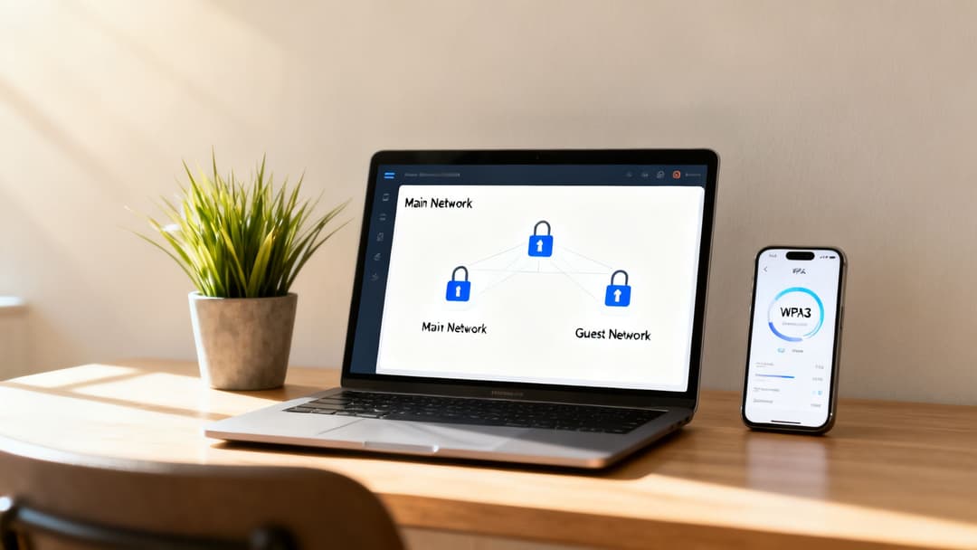 Una laptop y un smartphone en un escritorio de madera muestran la configuración de la red Wi-Fi y la seguridad WPA3.