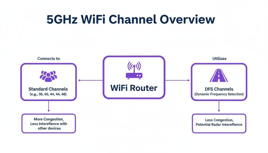 图示说明了 5GHz WiFi 信道选项,包括标准和 DFS 信道及其特性。
