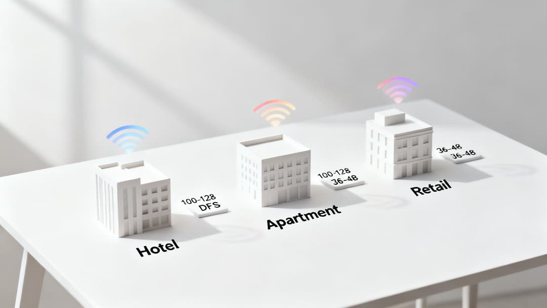 微型建筑展示了酒店、公寓和零售的 Wi-Fi 信道推荐。