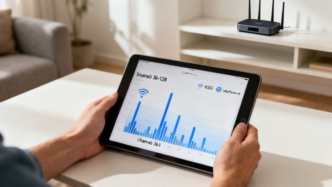 一个人拿着平板电脑显示 Wi-Fi 信道分析器图表,背景中有一个路由器。