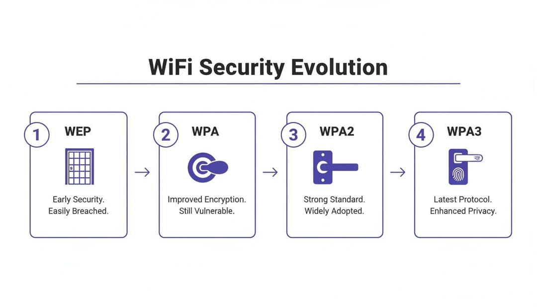Un diagramma che illustra l'evoluzione dei protocolli di sicurezza WiFi: WEP, WPA, WPA2 e WPA3, descrivendone le caratteristiche.
