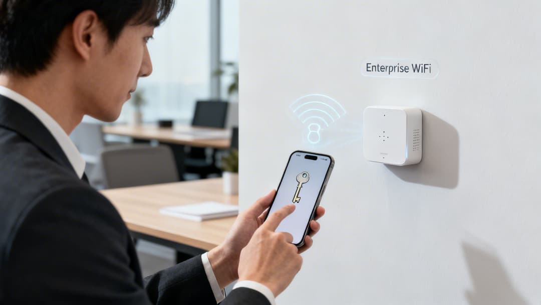 Giovane uomo d'affari che si connette alla rete WiFi aziendale utilizzando una chiave digitale sul suo smartphone.
