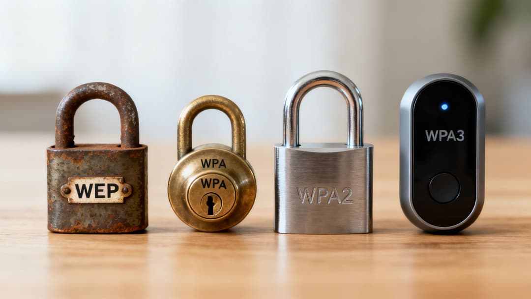 Una cronologia visiva della sicurezza Wi-Fi: lucchetto WEP arrugginito, WPA in ottone, WPA2 in argento e moderno dispositivo WPA3.