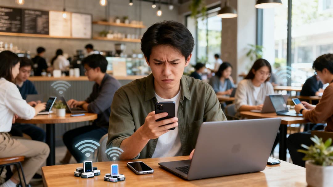 Frustrated young man experiences slow WiFi on his phone and laptop in a busy cafe.