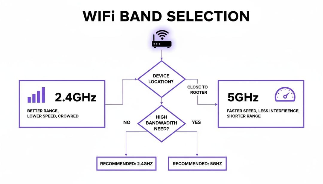 Flowchart guiding WiFi band selection between 2.4GHz and 5GHz based on device location and bandwidth needs.