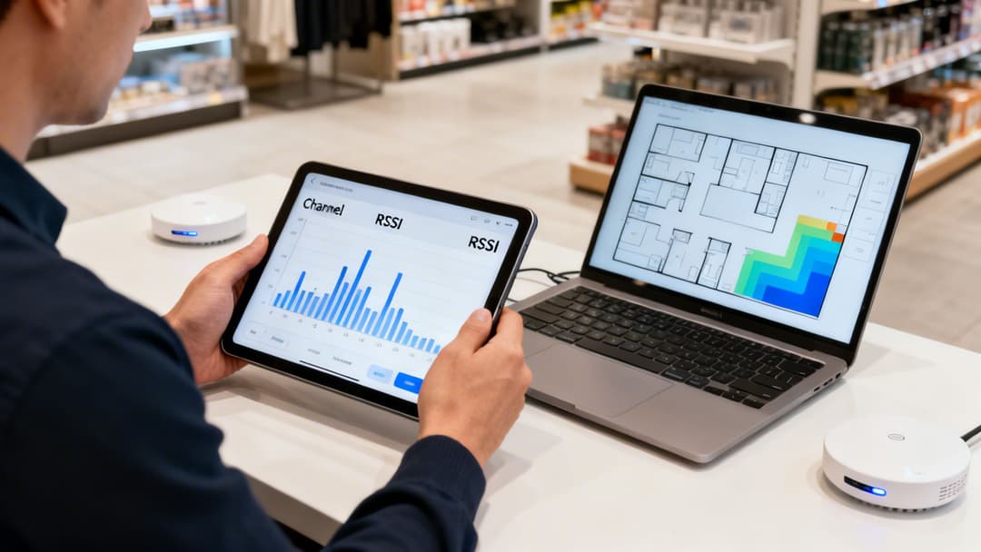 Person analyses WiFi signal strength on a tablet showing channels and a laptop with a floor plan heatmap.