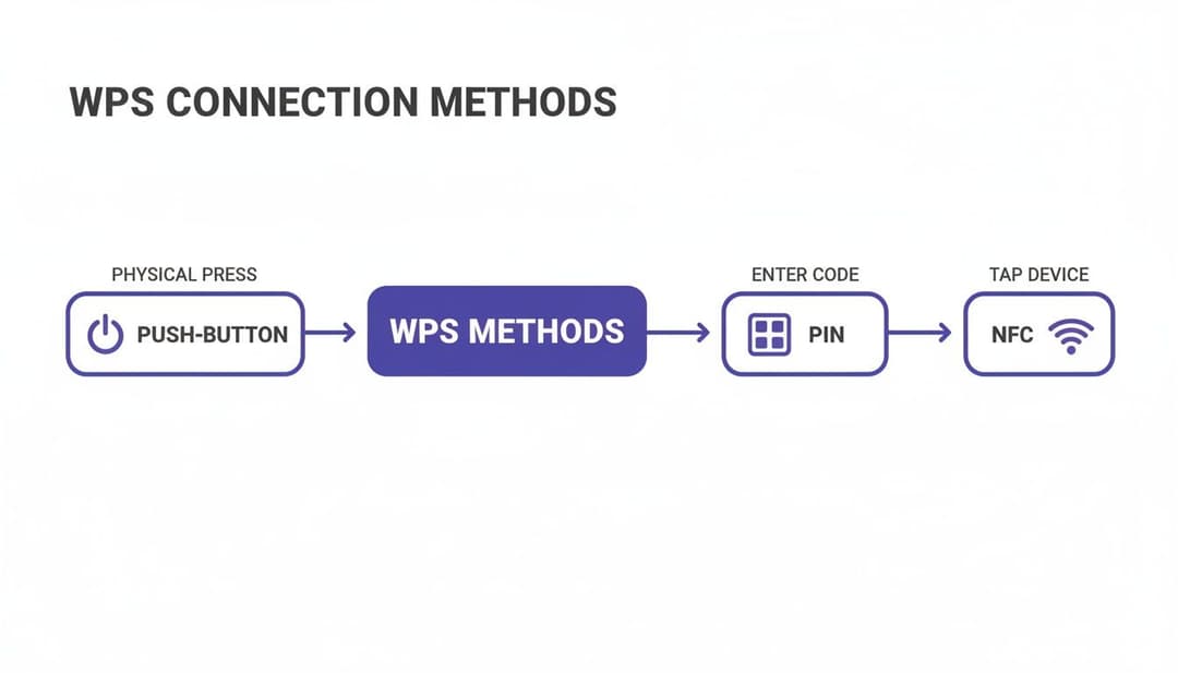 Flussdiagramm, das WPS-Verbindungsmethoden zeigt: Push-Button, PIN und NFC-Tap für eine einfache Einrichtung.