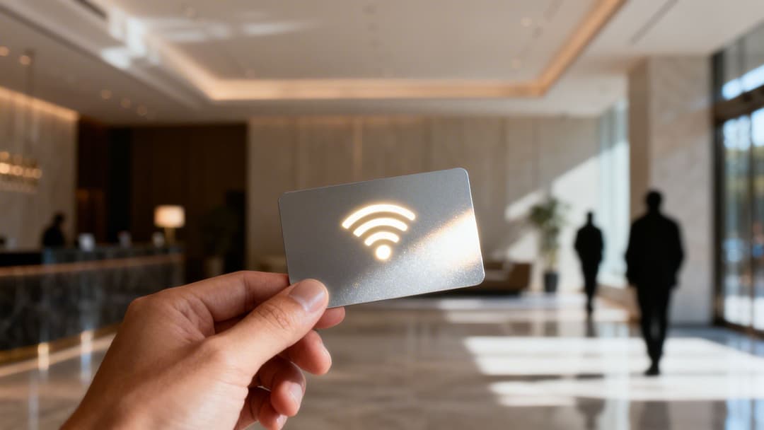 Eine Hand hält eine silberne Karte mit einem leuchtenden Wi-Fi-Symbol in einer verschwommenen modernen Lobby.