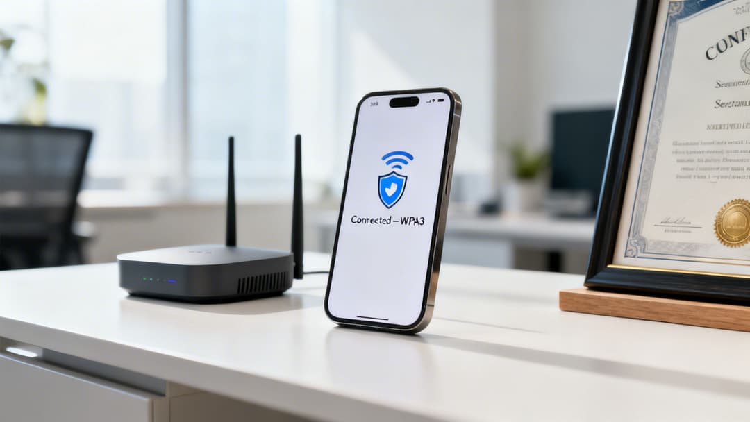 Ein Smartphone zeigt eine WPA3-Wi-Fi-Verbindung neben einem Router auf einem Schreibtisch an.