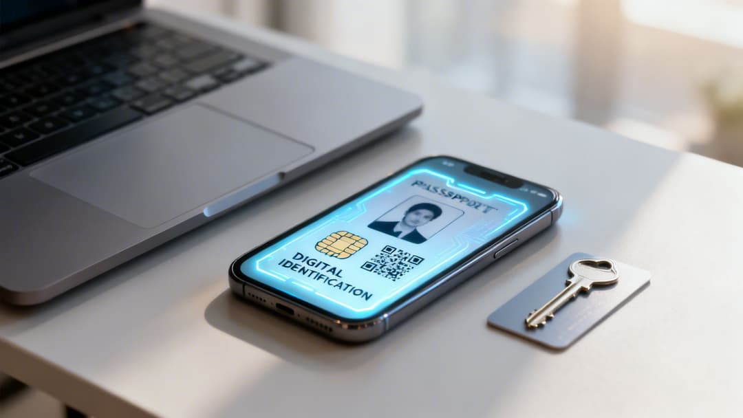 Un teléfono inteligente muestra un pasaporte digital con la foto de una persona, un chip y un código QR, junto a una computadora portátil y una llave.