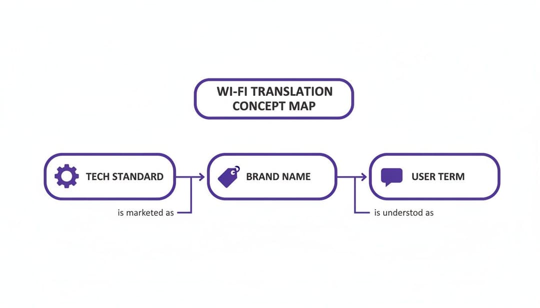 Un mapa conceptual de traducción de Wi-Fi que ilustra cómo un estándar tecnológico se convierte en un nombre de marca y un término de usuario.