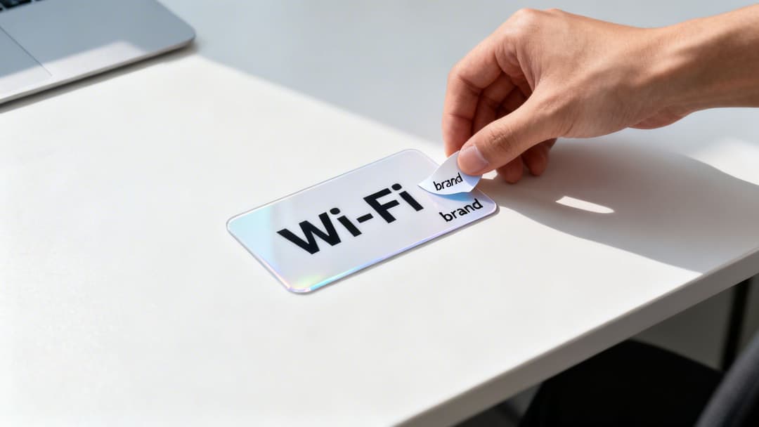 Una mano despega una pegatina de 'marca' de un letrero de 'Wi-Fi' en un escritorio blanco y limpio, cerca de una laptop.