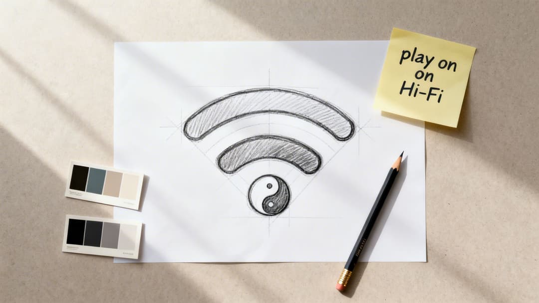 Un diseño creativo plano que muestra un boceto de Wi-Fi y el Yin Yang, muestras de color y una nota sobre el 'juego de palabras con Hi-Fi'.