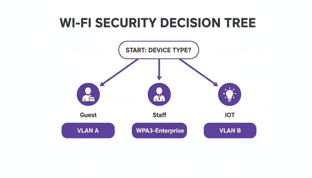 說明不同裝置類型 Wi-Fi 安全原則的決策樹:訪客 (VLAN A)、員工 (WPA3-Enterprise) 和 IOT (VLAN B)。